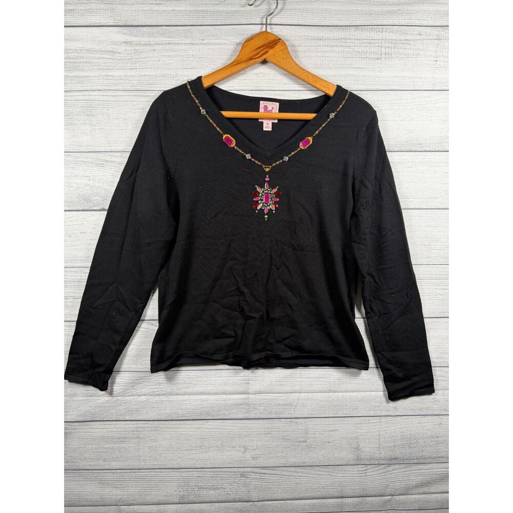 Pink Poodle Women's L Black Jeweled Necklace V-Neck Sweater Top 1313